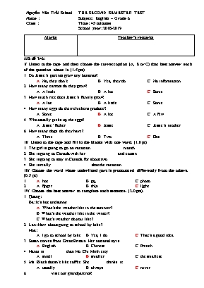 Đề kiểm tra học kỳ II môn Tiếng Anh Lớp 6 - Mã đề 246 - Năm học 2018-2019 - Trường THCS Nguyễn Văn Trỗi